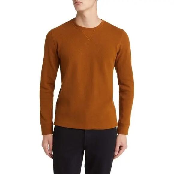 Billy Reid Men's XL Thermal Crewneck Henley Sweater Golden Brown Organic Cotton - Picture 2 of 9